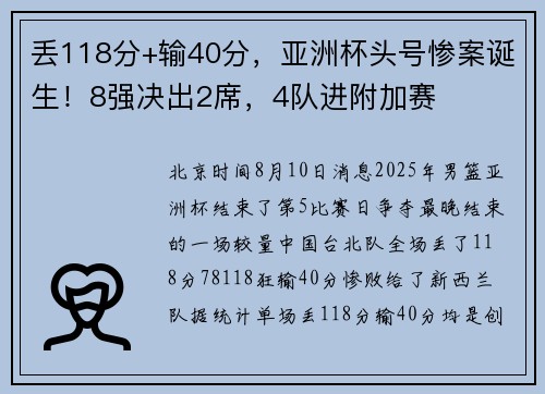 丢118分+输40分，亚洲杯头号惨案诞生！8强决出2席，4队进附加赛