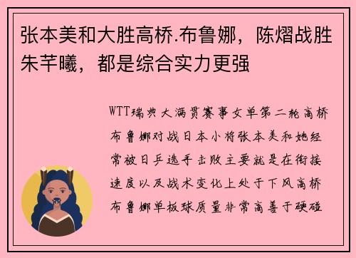 张本美和大胜高桥.布鲁娜，陈熠战胜朱芊曦，都是综合实力更强